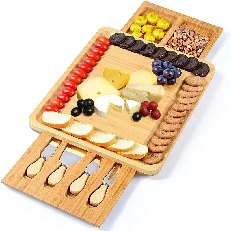 CL348 Bamboo Wood Cheeses Boards Knife Set Cheese Slicer Fork Scoop Cut Kitchen Cooking Tools Cheese Food Cutting Board Tray