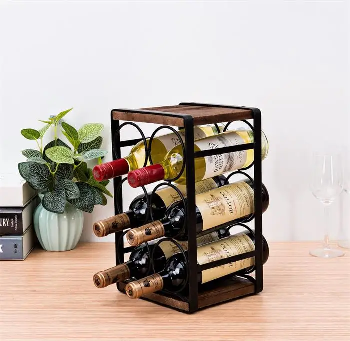 Wholesale Black Metal Wrought Iron Wood Countertop Wine Rack Six Bottle Wine Storage Racks