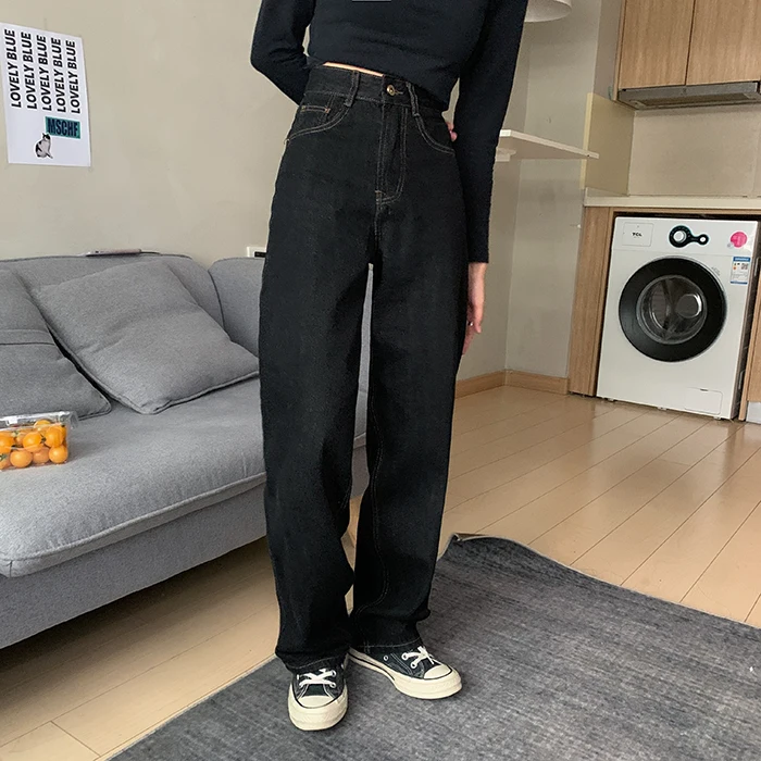 Vintage High Waist Women Black Jeans Korean Fashion Streetwear Wide Leg Jean Female Denim Trouser Straight Baggy Mom Denim Pants