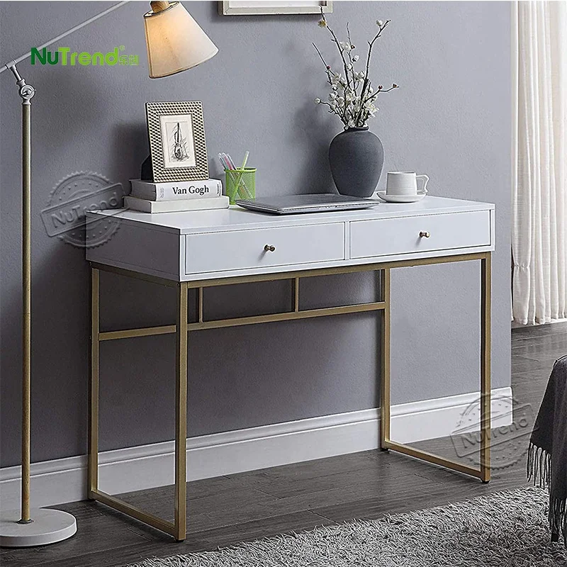 Nordic White and Gold Metal Frame Modern Bed Side Table  Bedroom Wooden Nightstand Living Room Sofa End Table