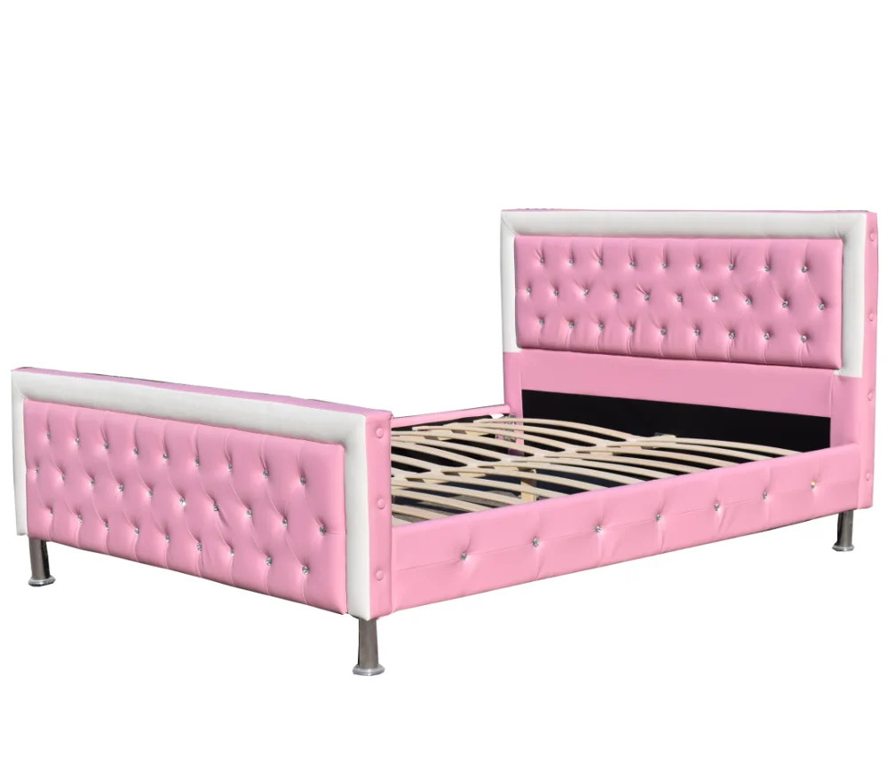 Factory Wholesale OEM Customized  pink Single Size  PU Faux Synthetic Leather Upholstered Soft Platform Girls Princess Bed