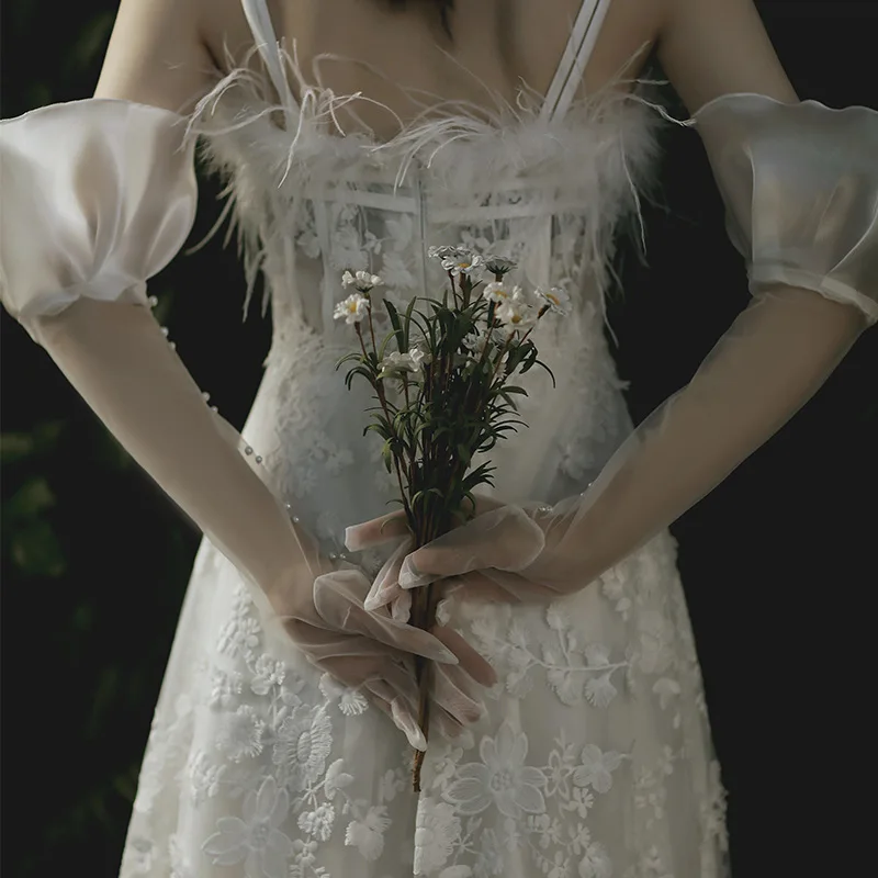 Wedding Accessories Flying Edge Long Type Pearl  Embellish Gloves