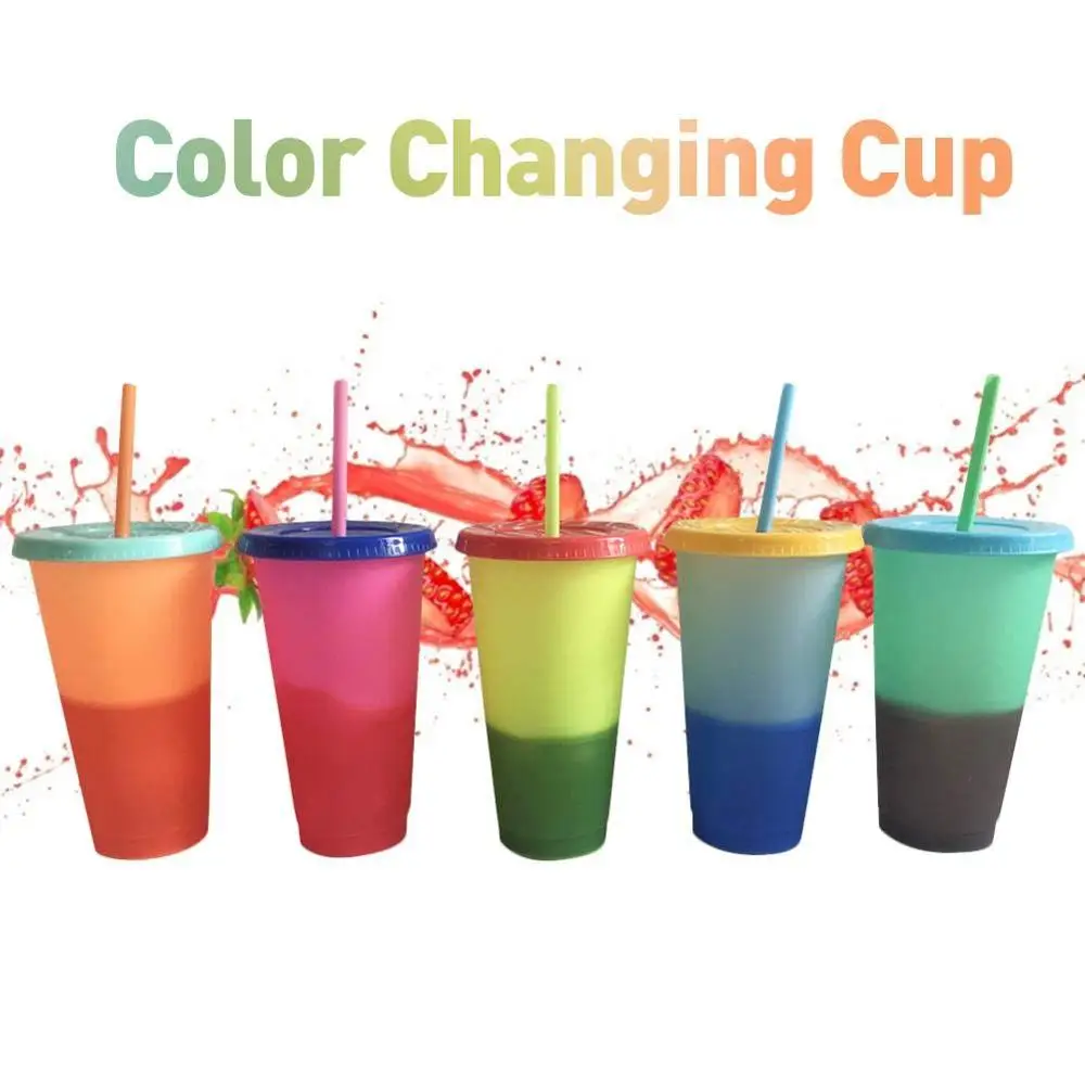 700ml color changing drinking tumbler juice temperature gradient reusable pp 24oz plastic straw cup with lid