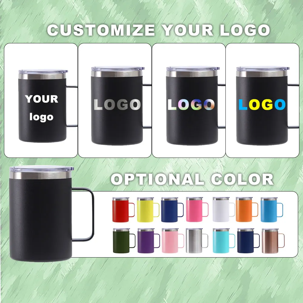 Custom 12oz 14oz 16oz double wall vacuum camping stainless Steel BPA free powder coated insulated travel coffee mug with handle