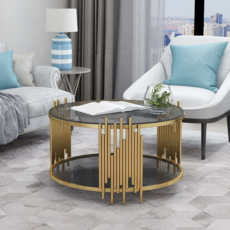 Durable Hot Sell Light Luxury Metal Coffee Table Gold Round Living Room Glass Top Center Table Hotel Home Furniture Decorative