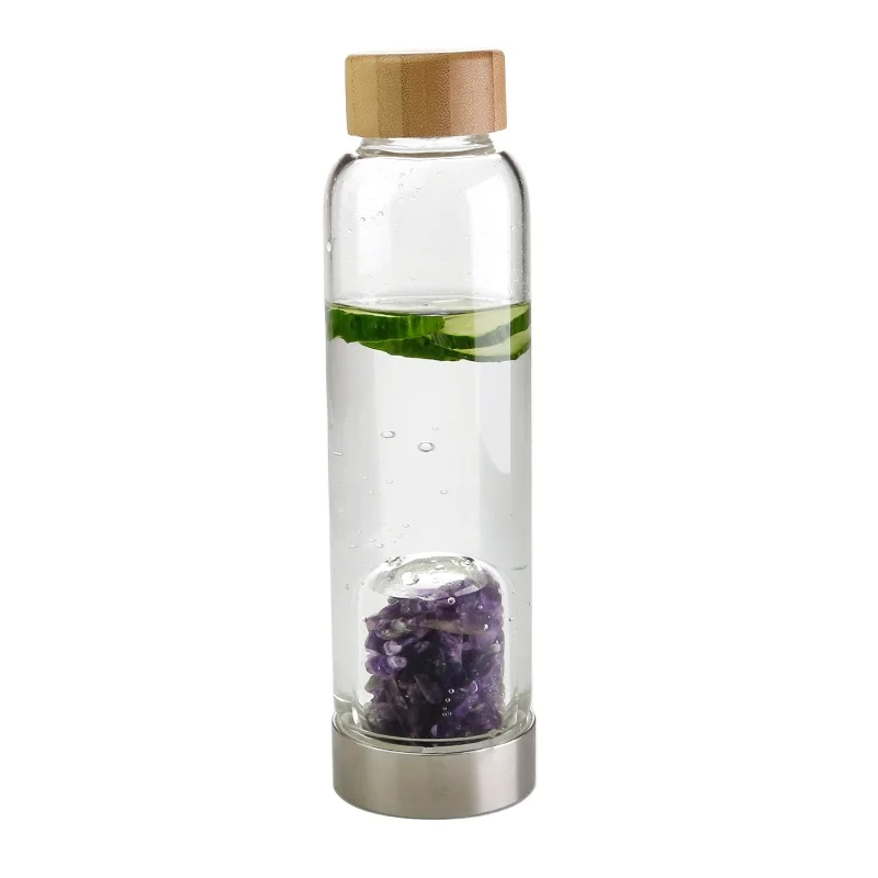 Crystal Water Bottle with purple Crystals Elixir Infused Glass Water Bottle and bamboo lid