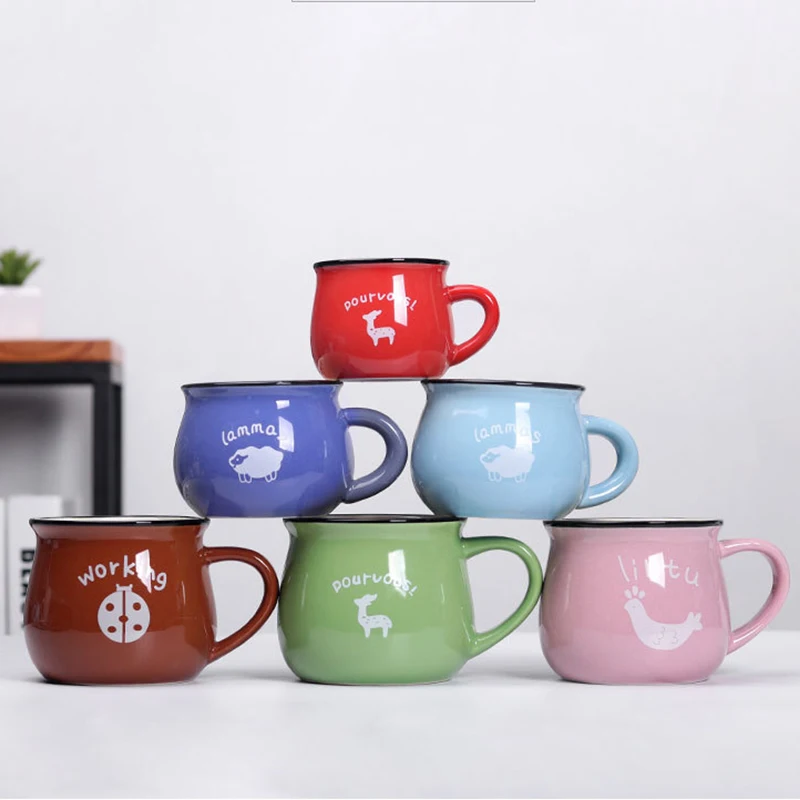 Wholesale 6oz 9oz 14oz Simple Big Belly Ceramic Mugs Custom Logo Printed Cartoon Breakfast Milk Cups For Promotional Gift