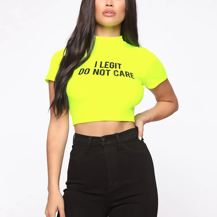 
Women Ribbed custom printing T-shirt Fashion Mock Neck Crop Tops Slim Solid Sexy Tops Short Sleeve T-shirts 