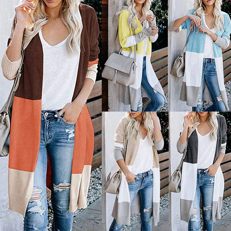 D9005 New Arrivals Amazon Product Fall Casual Stitching Color Knit Long Sleeve Women Cardigan Sweaters