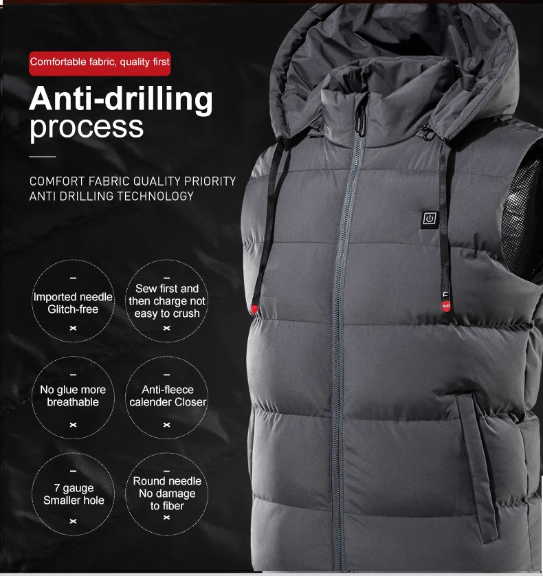 Sidiou Group Detachable Hood Plus Size Puffer Vest Women Men USB Thermal Heated Vest With Hood Zipper Heating Hoody Vest