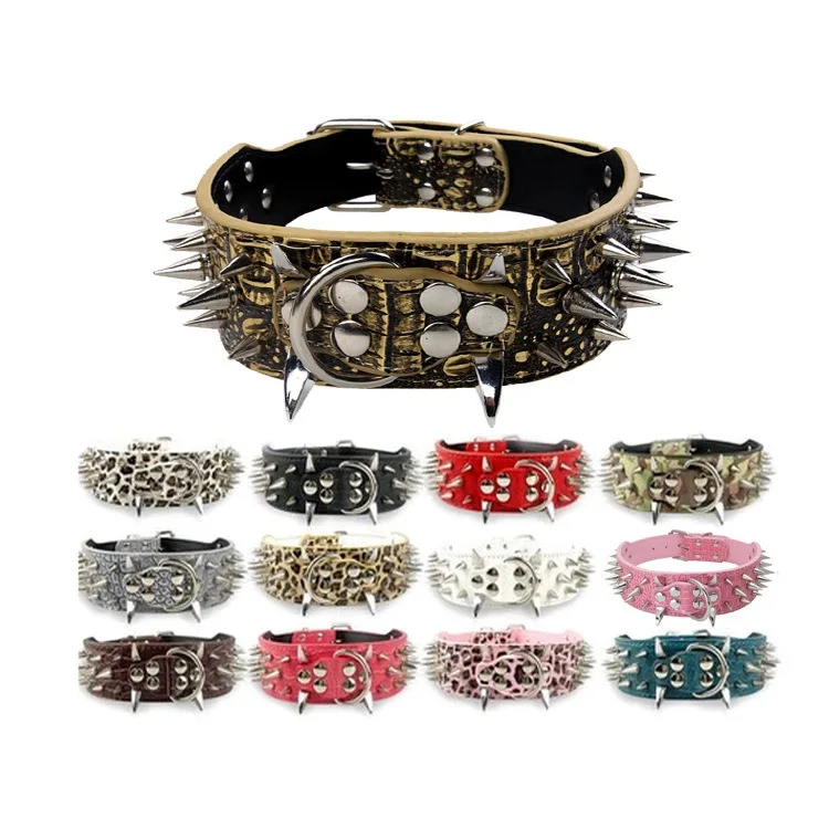 Custom Adjustable Bling Quick Release Anti-Bite Spiked Rivets PU leather Dog Collar with Leash