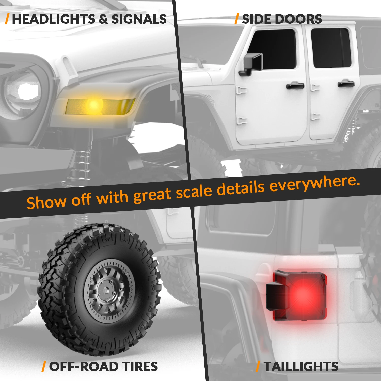 1/24 Scale RC Climbing Car with led Light sporty look tackle rough surfaces with ease and precision-white