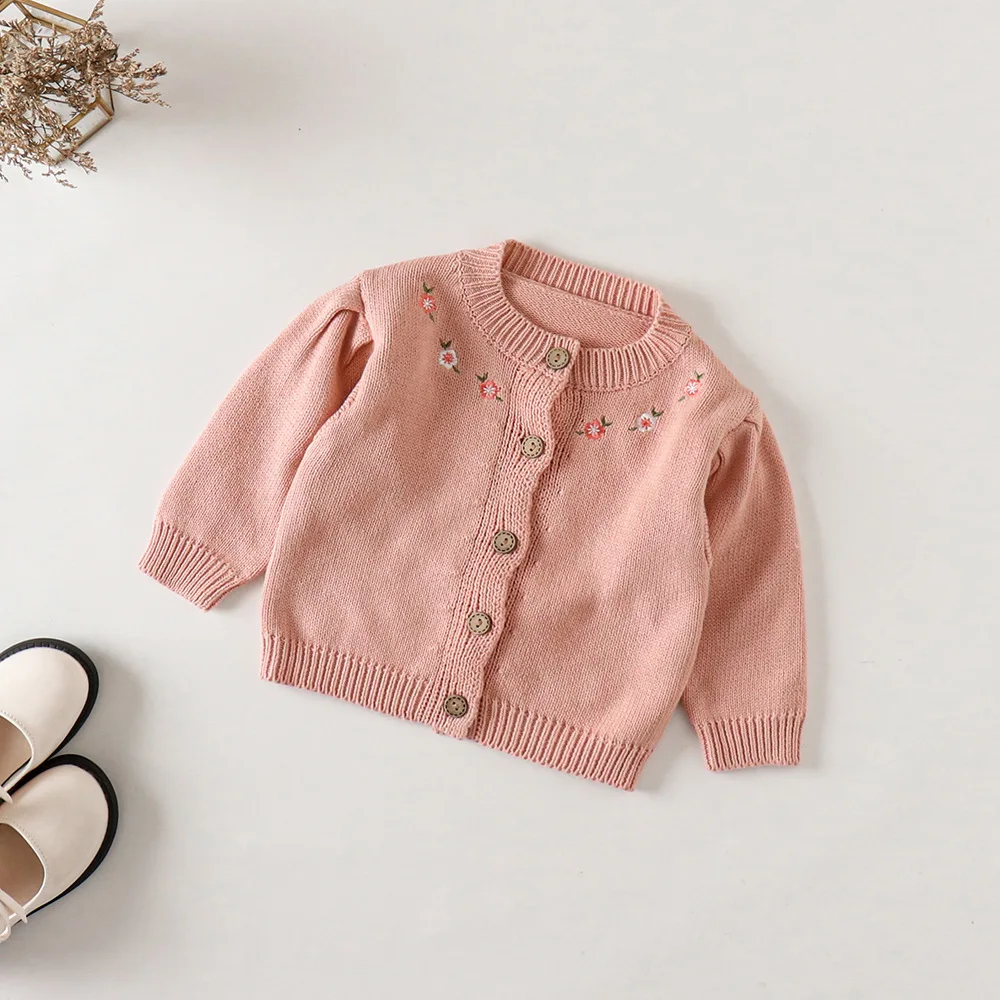 Customized 2023 Baby  Girls Clothes Sets Vintage Pink Floral Cardigan Knit Woolen Sweater O-Neck Children Outwear Coat Romper