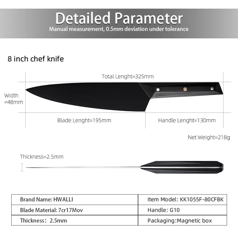 Premium 8 inch black titanium nitride non-reflective coating 7Cr17 MOV full tang chef knife with G10 CNC handle