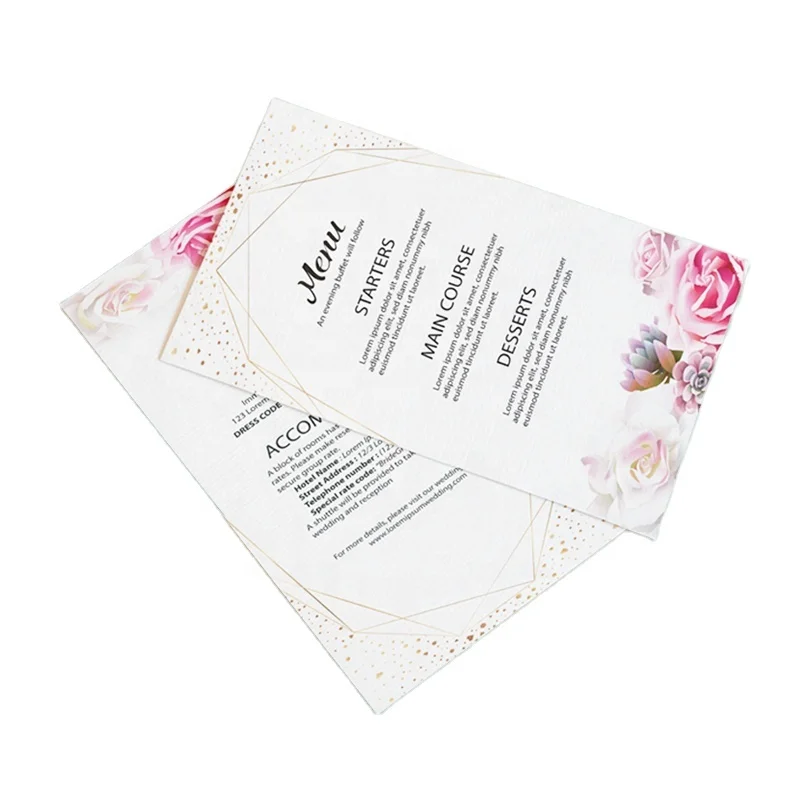 Fan white Gold Foiling Custom Print on Linen Wedding Menu Dinner Menus cards Printing Vintage Rose