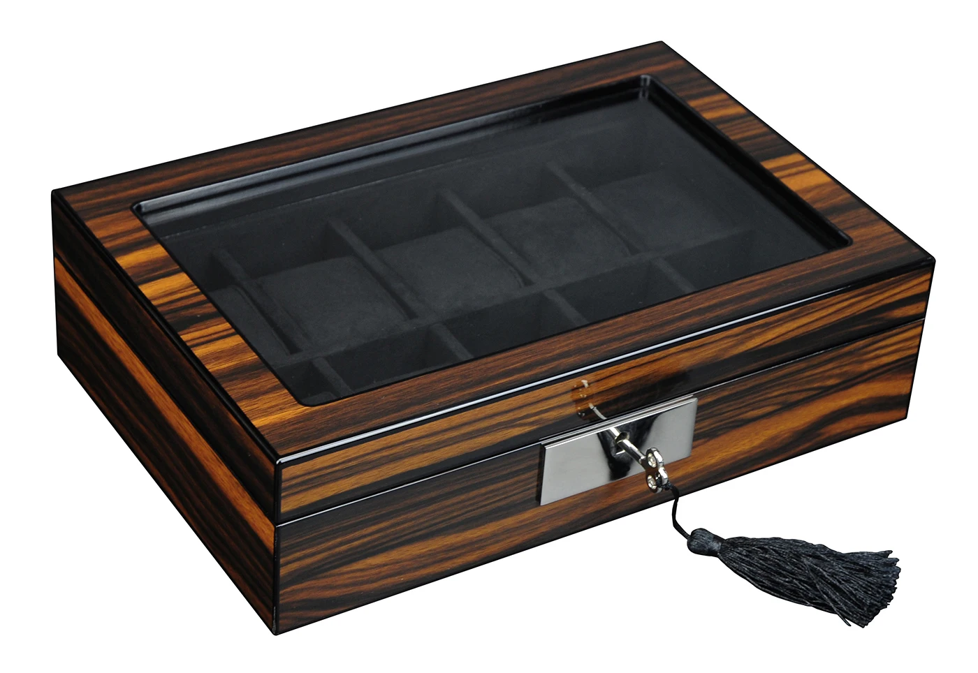 Luxury and Handmade 10 Slots High Gloss Wooden Watch Display Box with Key Lock Set and Window for Watch Collectors