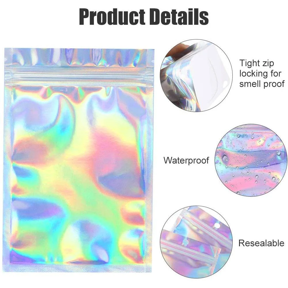 Resealable Holographic Foil Bags Cosmetic Laser Packaging Zip-lock Bags for Food Storage Coffee Beans Candy & Jewelry Packing