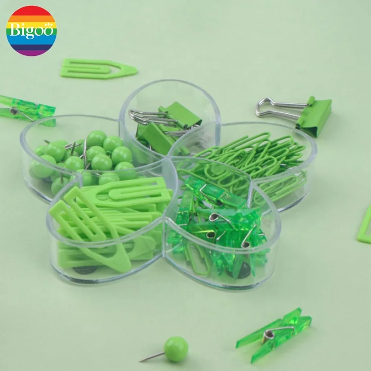 Fresh office clip set in green color binder clips push pins ball tack paper clips for school office stationery set accessory kit