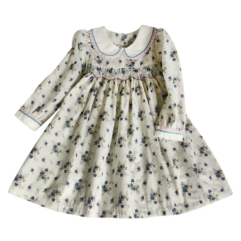 
Кукольный воротник с длинным рукавом, хлопковые платья с принтом для маленьких девочек 