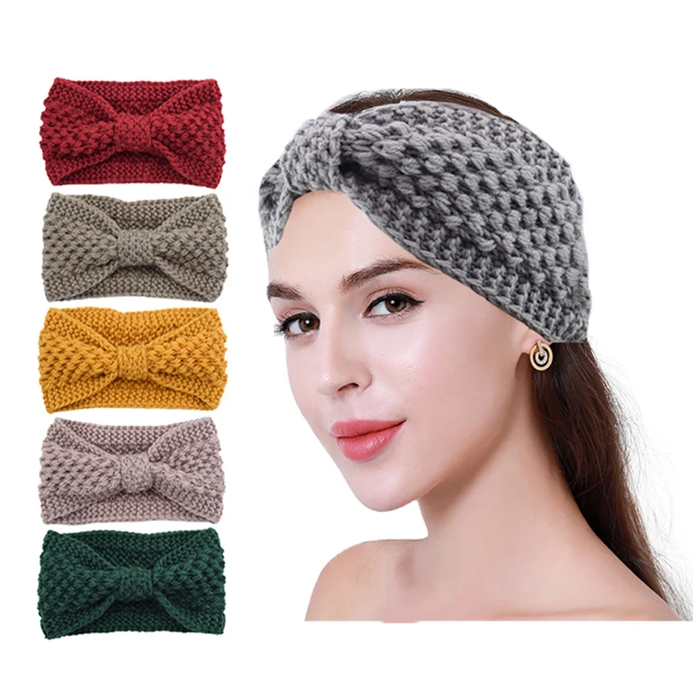 Lady Boho Bandeau Headbands Wide Knot Hair Band Elastic Turban Winter Fashion Crochet Knitted Wide Bow Turban Hairbands