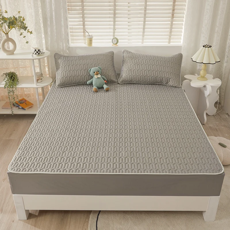 Summer Hot Selling Anti-skid Cooling Elastic Band 5mm Thick Latex Mattress Protector Ice Silk 3Pcs Fitted Bedsheet Sets