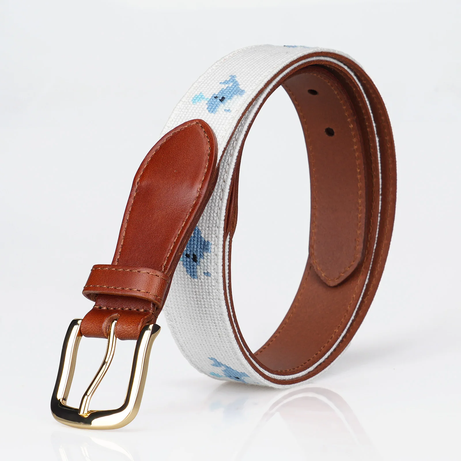Custom Casual Fashion vintage devise brown needlepoint Embroidery pin buckle genuine leather belts for men