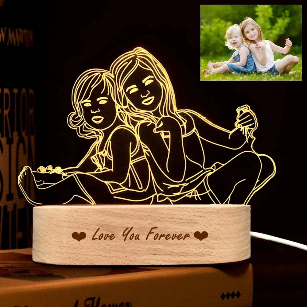 Personalized Shaped Night Light 3D Acrylic Lamp 3 Colors/7 Colors Custom Photo Picture Led Light With Wood Base