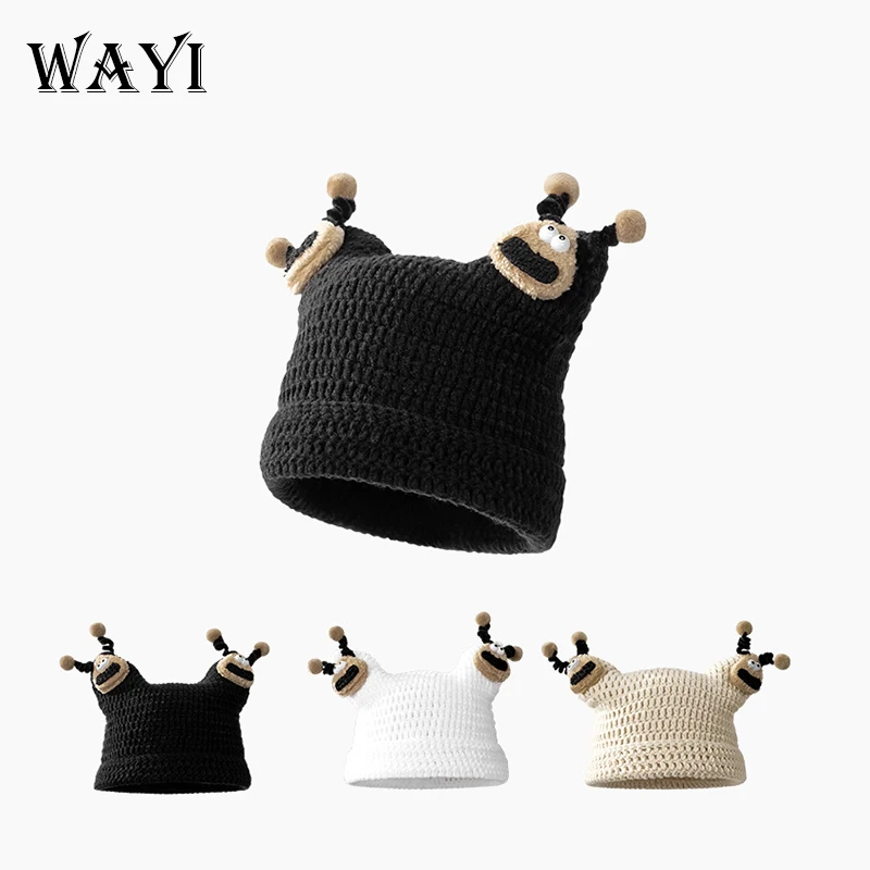 Autumn & Winter Funny Cat Cuff Beanies Cute Knitted Hat with Double Doll Cotton Fabric Embossed Printing New Design Daily Use