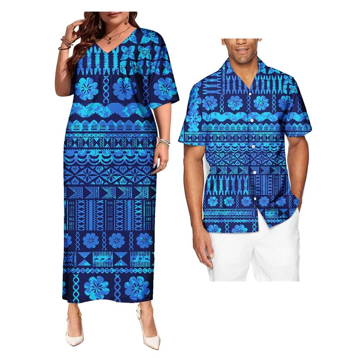 Wholesale Hawaiian Printed Couples Clothing Dress And Shirts Vintage Polynesian Tribal Floral Print Short Sleeve Couple Clothes
