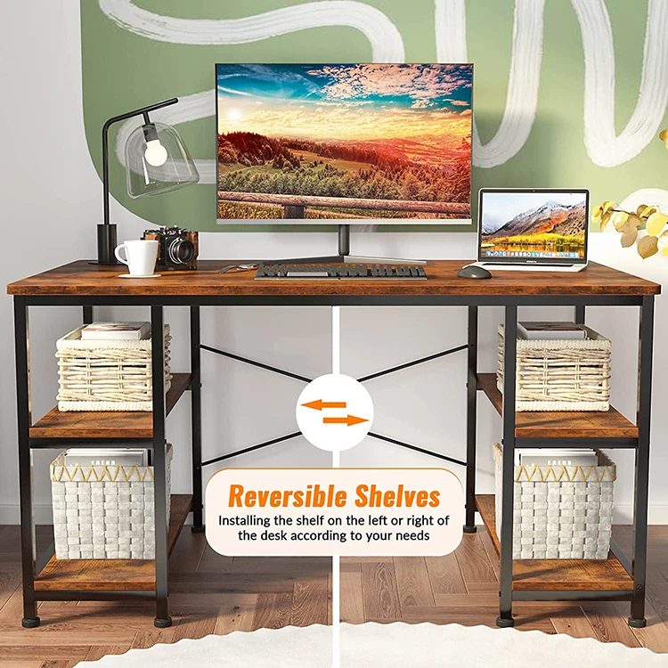 Modern Wooden and Metal Basics Corner Bookshelf Office Computer Study Studying Writing Table Desk With Storage Shelf Shelves