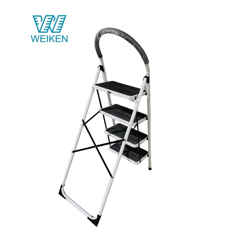 WEIKEN EN131 Kitchen Attic Steel Foldable Ladder Stool Portable Household Metal 4 Step Ladder with Handrail