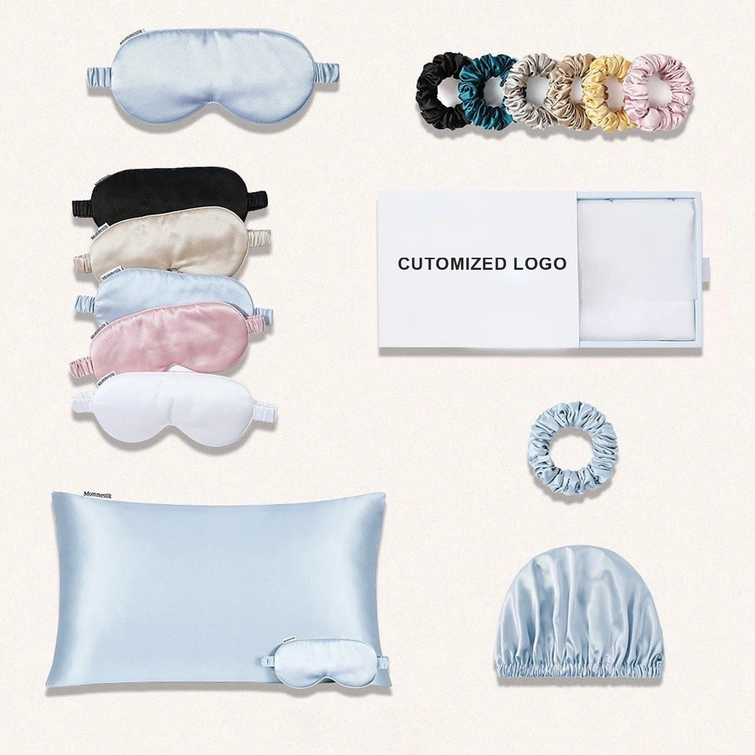Custom Blissy Silver Infused Luxury Print Mulberry Silk Pillow Case sleep eyemask Scrunchie Gift Set