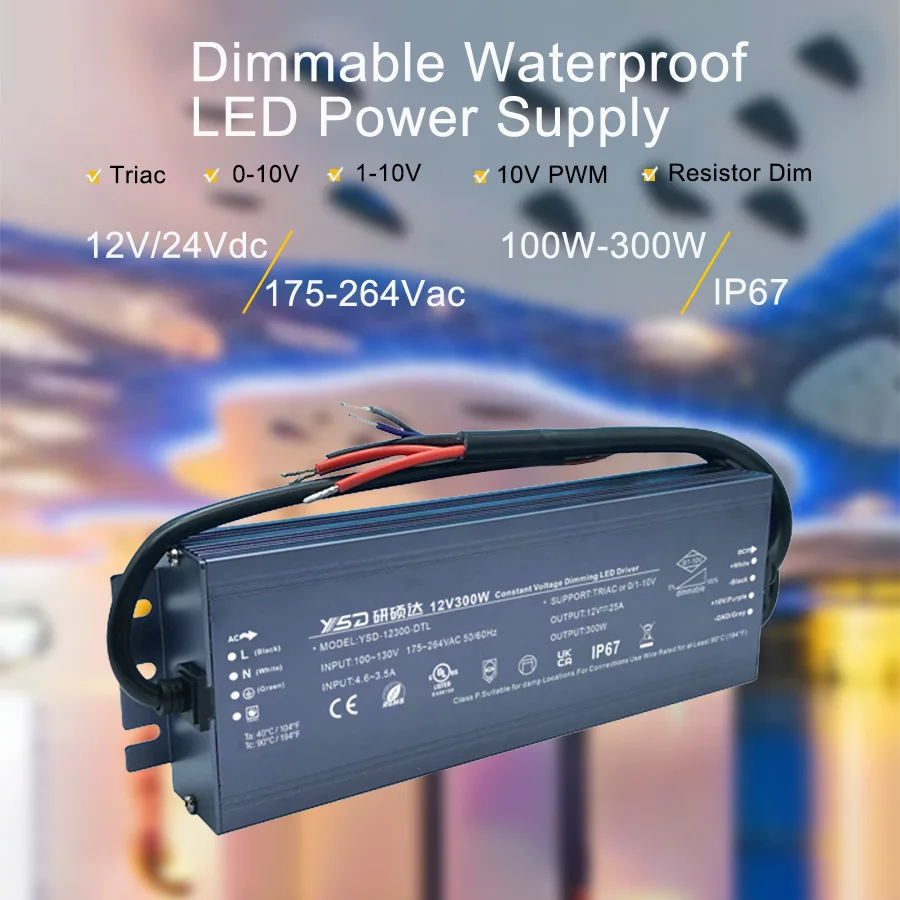Manufacturer Dimmable Driver With U L listed Quality 12/24V 100-300W IP67 Class P Flicker Free Triac Led Dimmable Driver