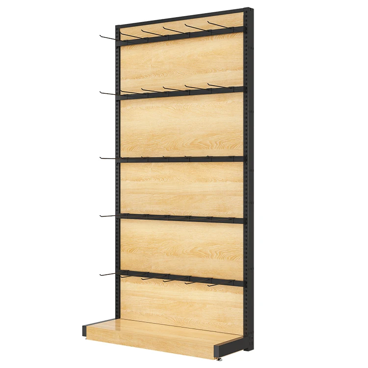 High Quality Beautiful Shelf Wood Floor Display Racks Supermarket Shelves Metal With 30 Hooks