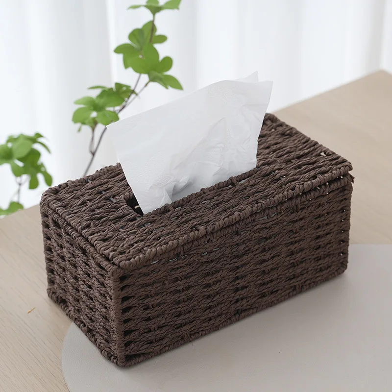 Paper Woven Tissue Box Paper Cord Desktop Storage Box Living Room Organizer Basket 8.8 Inch Brown Yellow Recyclable