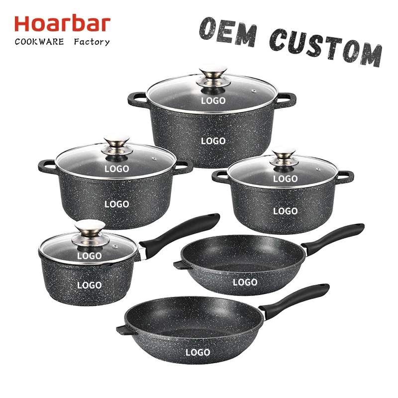 Marble Nonstick Camping Cooking Pot Set Cookware Die Cast Aluminium Home Cooking Aluminum With  Glass Lid