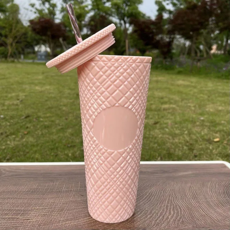Portable Rivet Plastic Grid Studded Tumbler Durian Drinking Cup with Lid and Straw