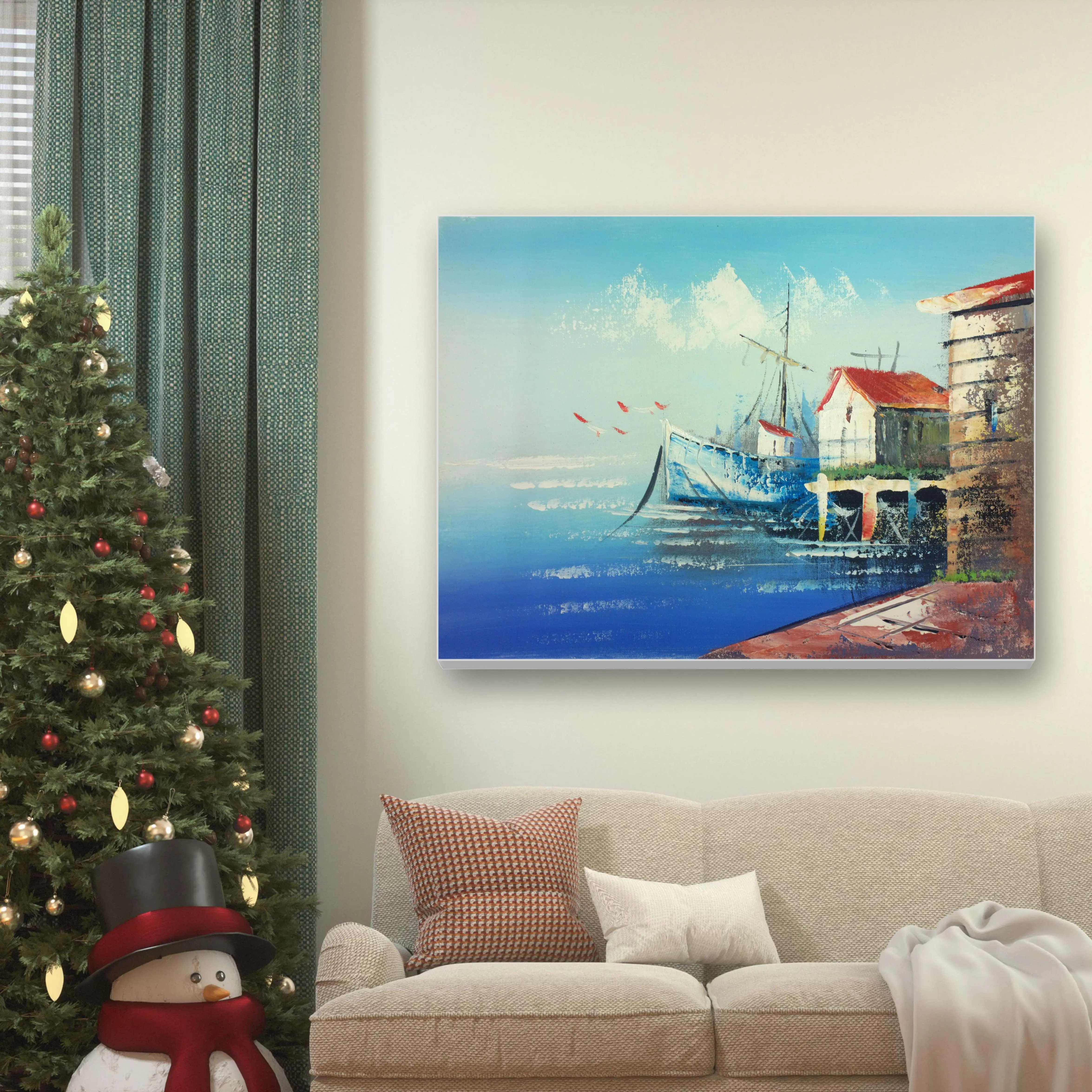 Hand drawn modern style seaside landscape painting ultra low price pure canvas Handmade painting