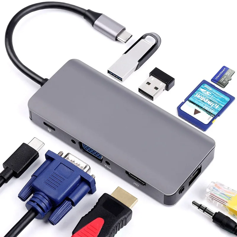 9 в 1 Type-C к HD VGA 2 USB3.0 SD/MMC микро SD/TF Card Reader устройство чтения карт 3 5 мм аудио pd-порт подходит для Mac