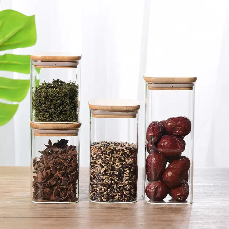 Square High Borosilicate Food Storage Container Air Tight glass jar with Bamboo Lid