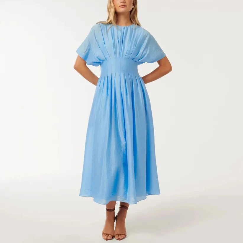 Wholesale Cotton Linen Pleated Long Midi Dress Custom Logo High Quality Pleated Linen Clothing Women Summer Dresses