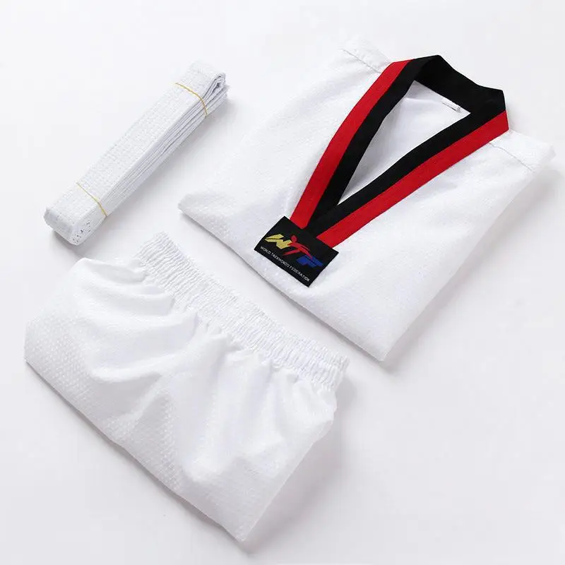 Custom logo uniforme de taekwondo white V-collar WTF taekwondo uniform for kids