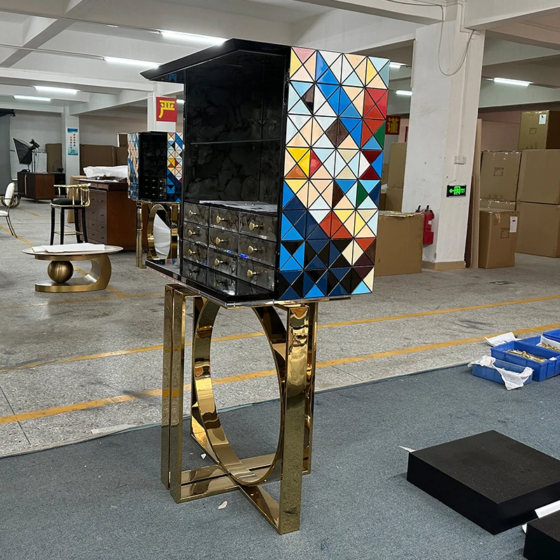 Luxurious modern wooden lockers, designer furniture with gold stainless steel legs for villa hotels