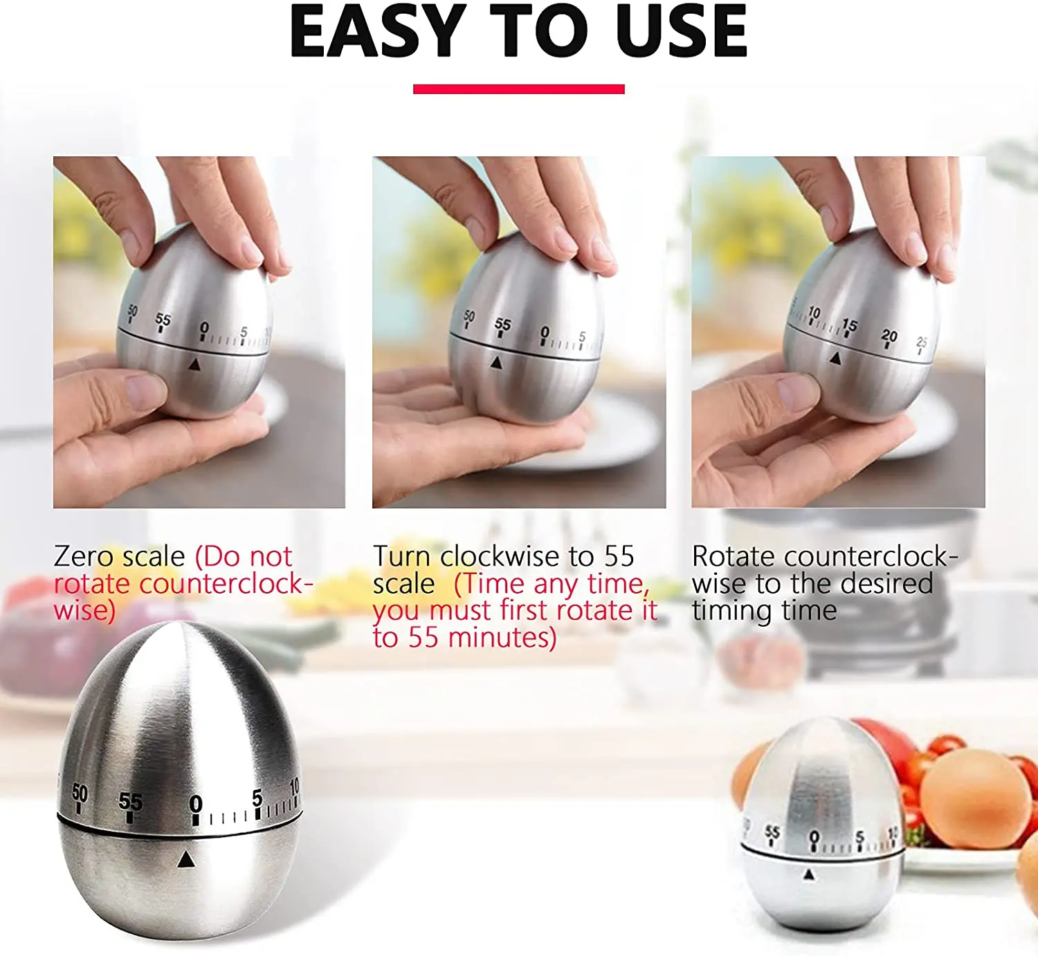Cute Stainless Steel Egg Kitchen Timer Metal Mechanical Countdown Cooking Timer with Loud Alarm for Kids Cooking Tools