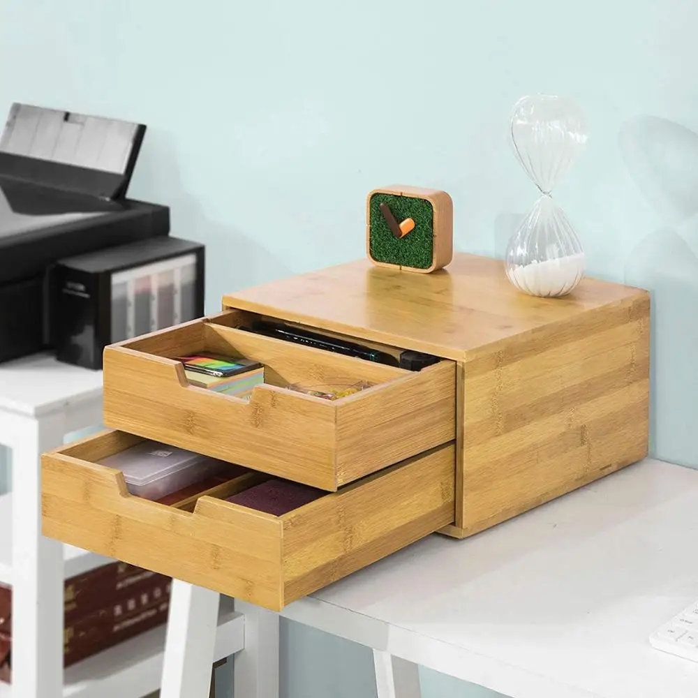 Bamboo Desk Tidy Stationery Organizer with 2 Drawers Coffee Machine Stand & Coffee Pod Capsule Box Holder Organiser