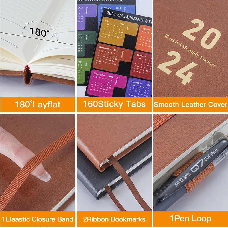 Custom Pu leather Monthly yearly Daily Diary Hardcover planner Organizer cover leather notebook set with pen