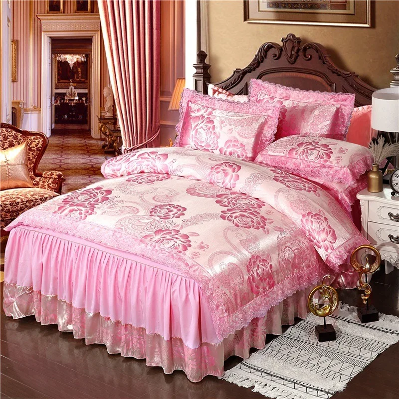 Floral Jacquard Faux Silk Bedding Sets Bedspread Customize Duvet Cover Bed Skirt Sheet European