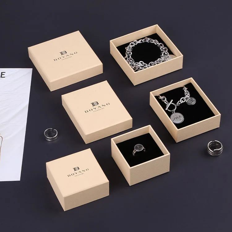 Boyang Wholesale Custom Logo Square Beige Lid and Base Jewelry Gift Packaging Necklace Boxes