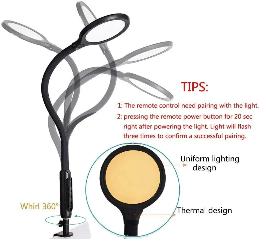 Factory EMD Long Swing Arm LED  Clamp Desk Reading Lamp 10000 Lux Light Emotional therapy lamp with Clip Remote Control 800ML