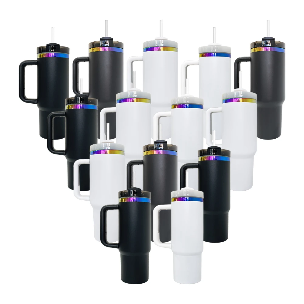 Wholesale bulk double walled vacuum insulated black white 30oz 40oz rainbow plated tumbler with handle for laser engraving